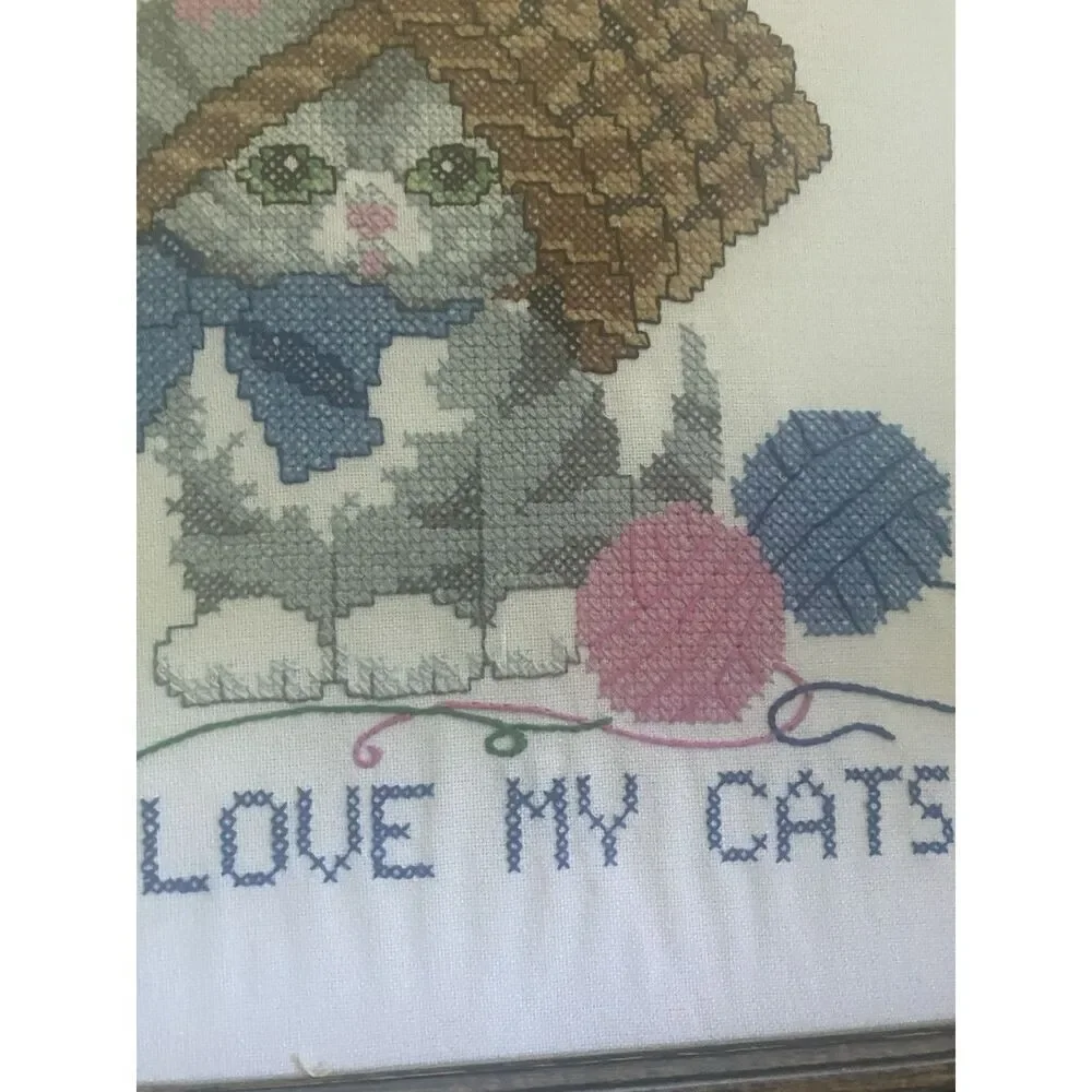 Cross Stitch Love Me Love My Cat In Yarn Basket Handmade Custom Framed Art Knit